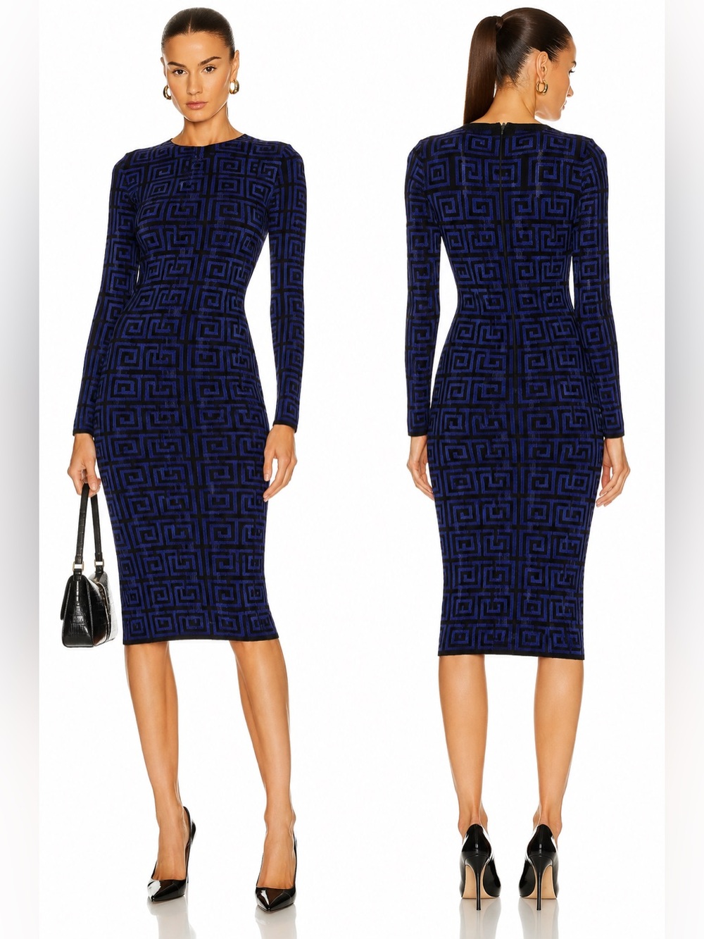 Alice + Olivia Black and Navy Geometric Long-Sleeve Sheath Dress